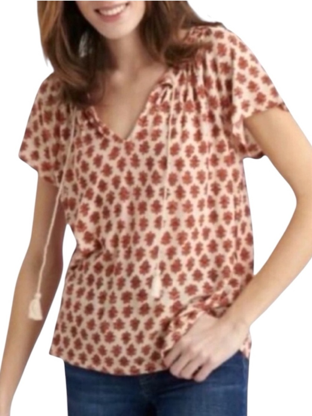 Lucky Brand Ivory Print Short Sleeve V-Neck Top Linen Blend XS Style 7W64883